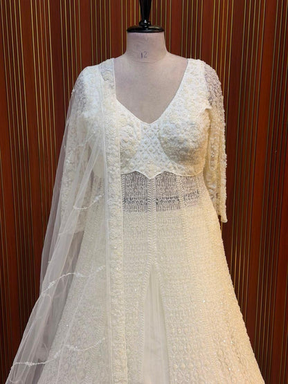 White pista color cream color crop top Lehenga