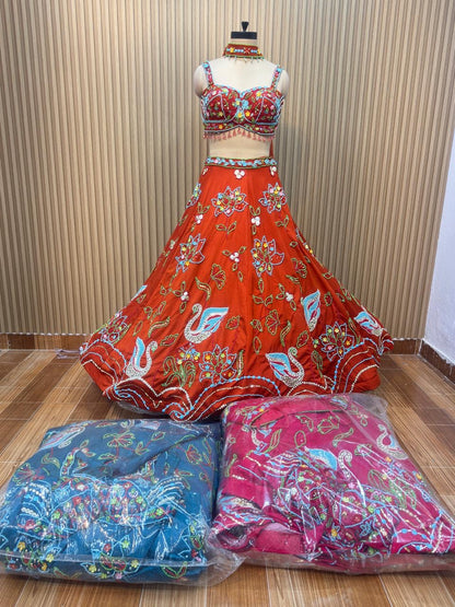 Orange pink blue pdp Crop top Lehenga