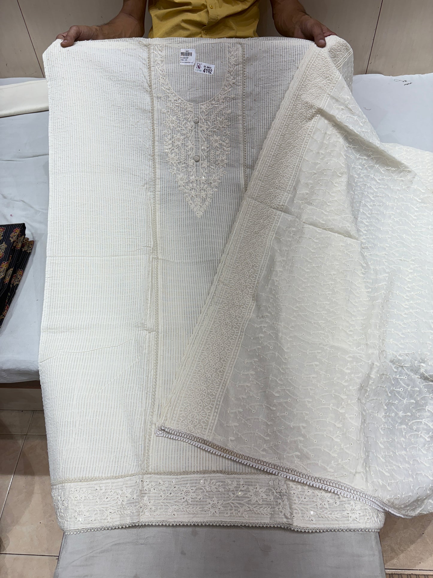 Embellished white georgette cotton unstitched suit ( free size )