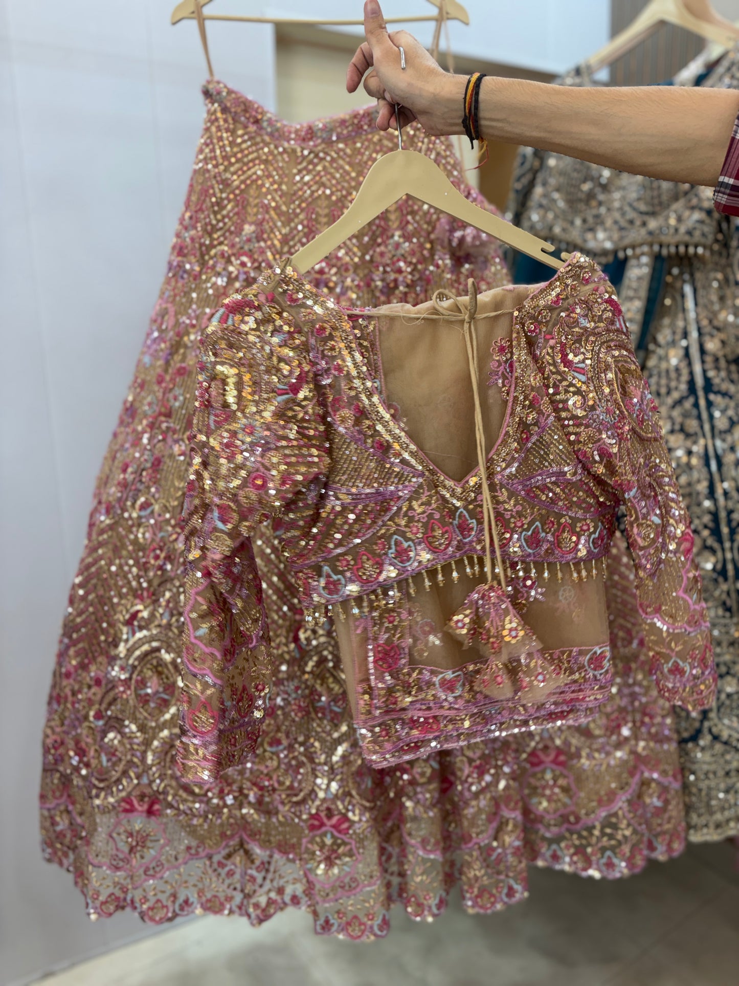Stunning beige pink beads crop top Lehenga