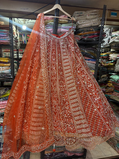 Astonishing Orange Ready to wear Mirror work Crop Top Lehenga