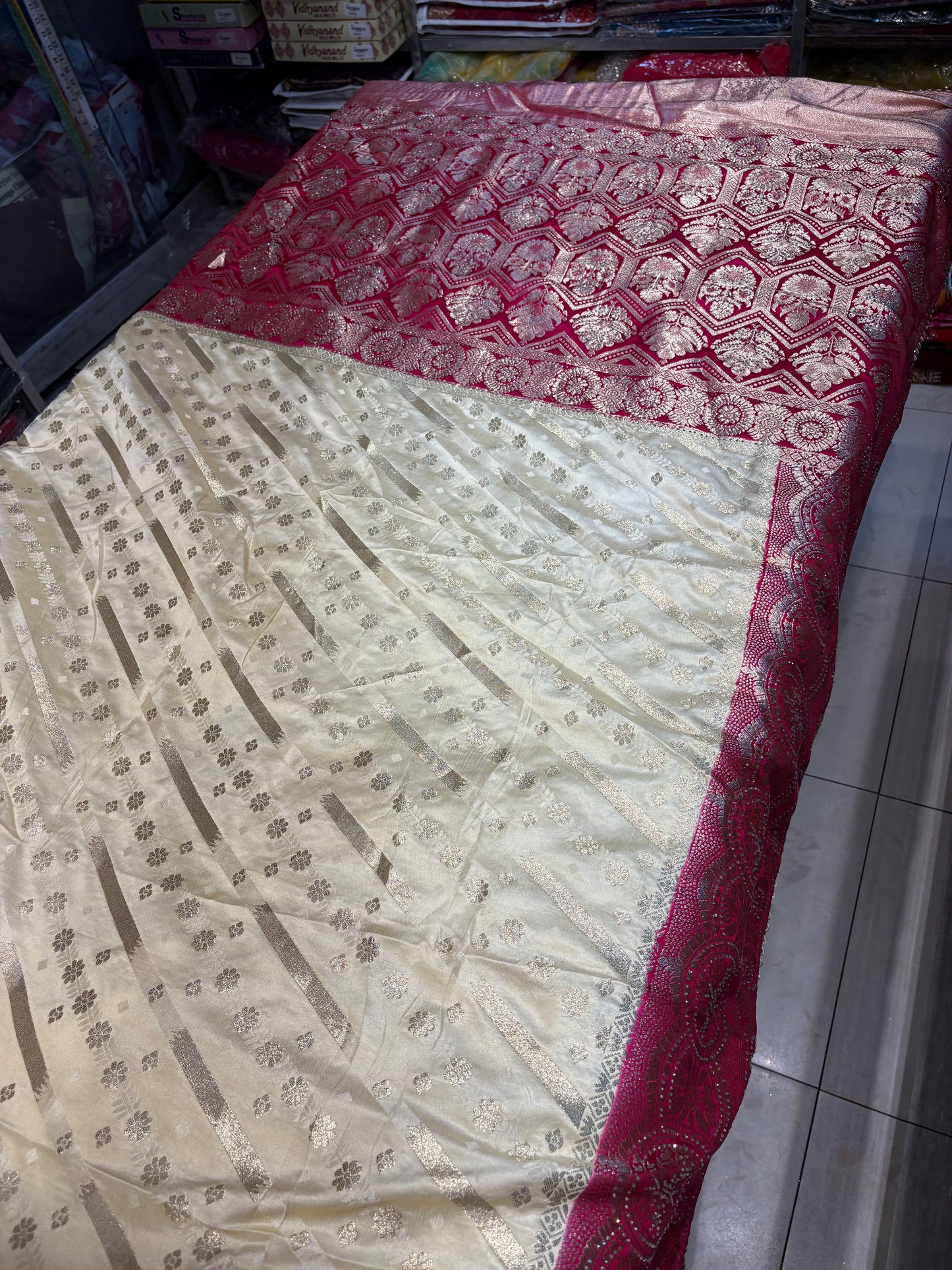 Astonishing silk banarasi kanjivaram white maroon saree
