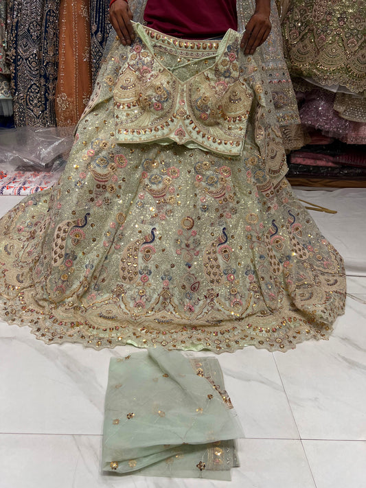 Pista Green Peacock Crop Top Lehenga