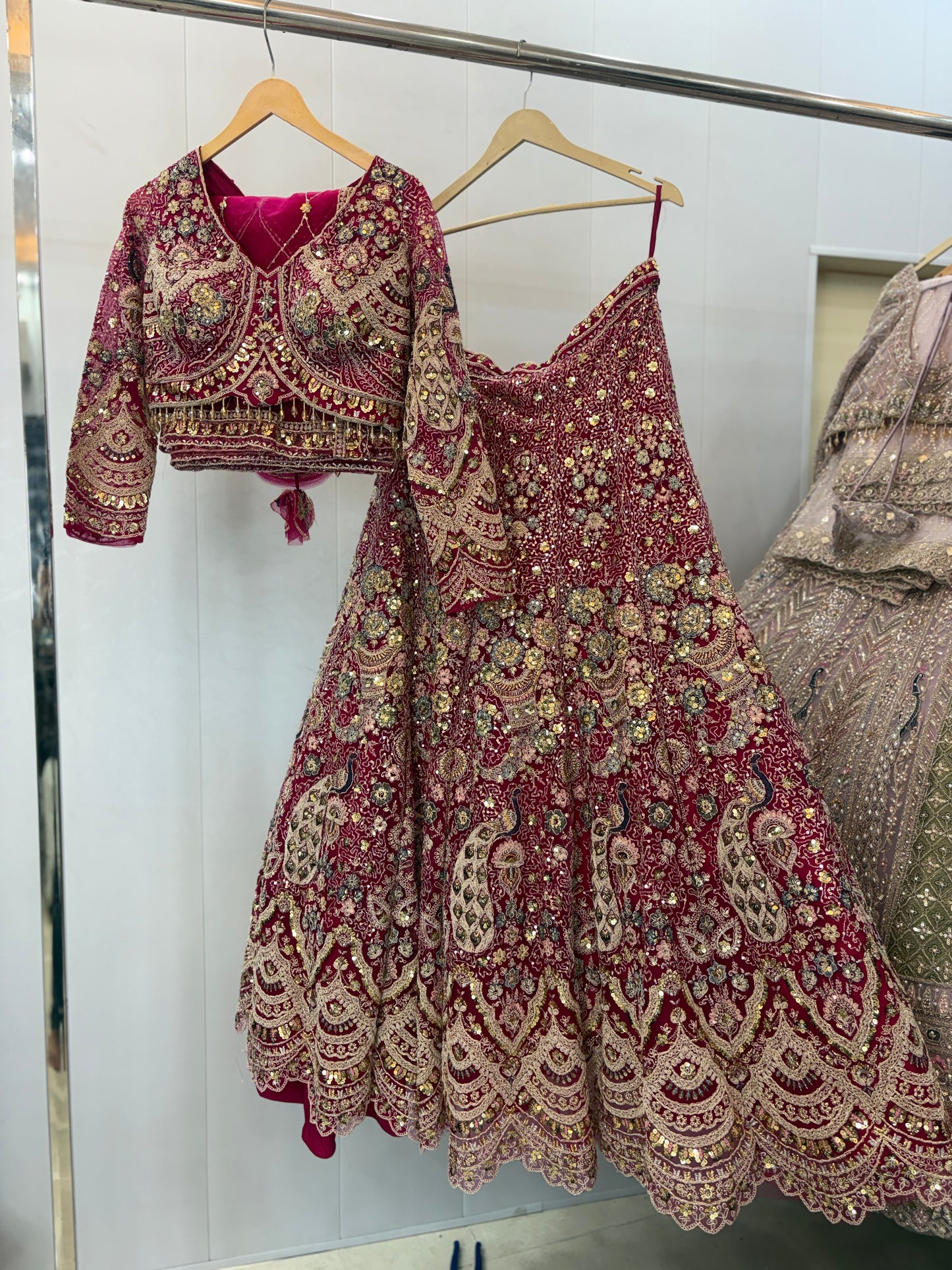 Stunning beige pink beads crop top Lehenga