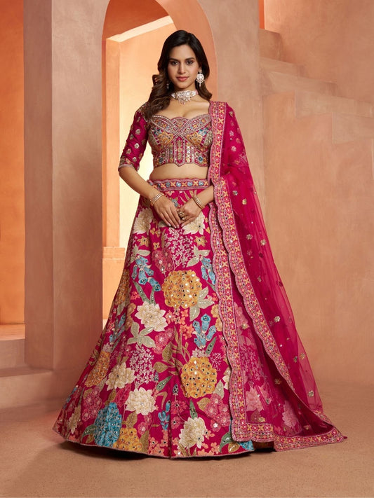 Hot Pink Multikali Designer Crop Top Lehenga