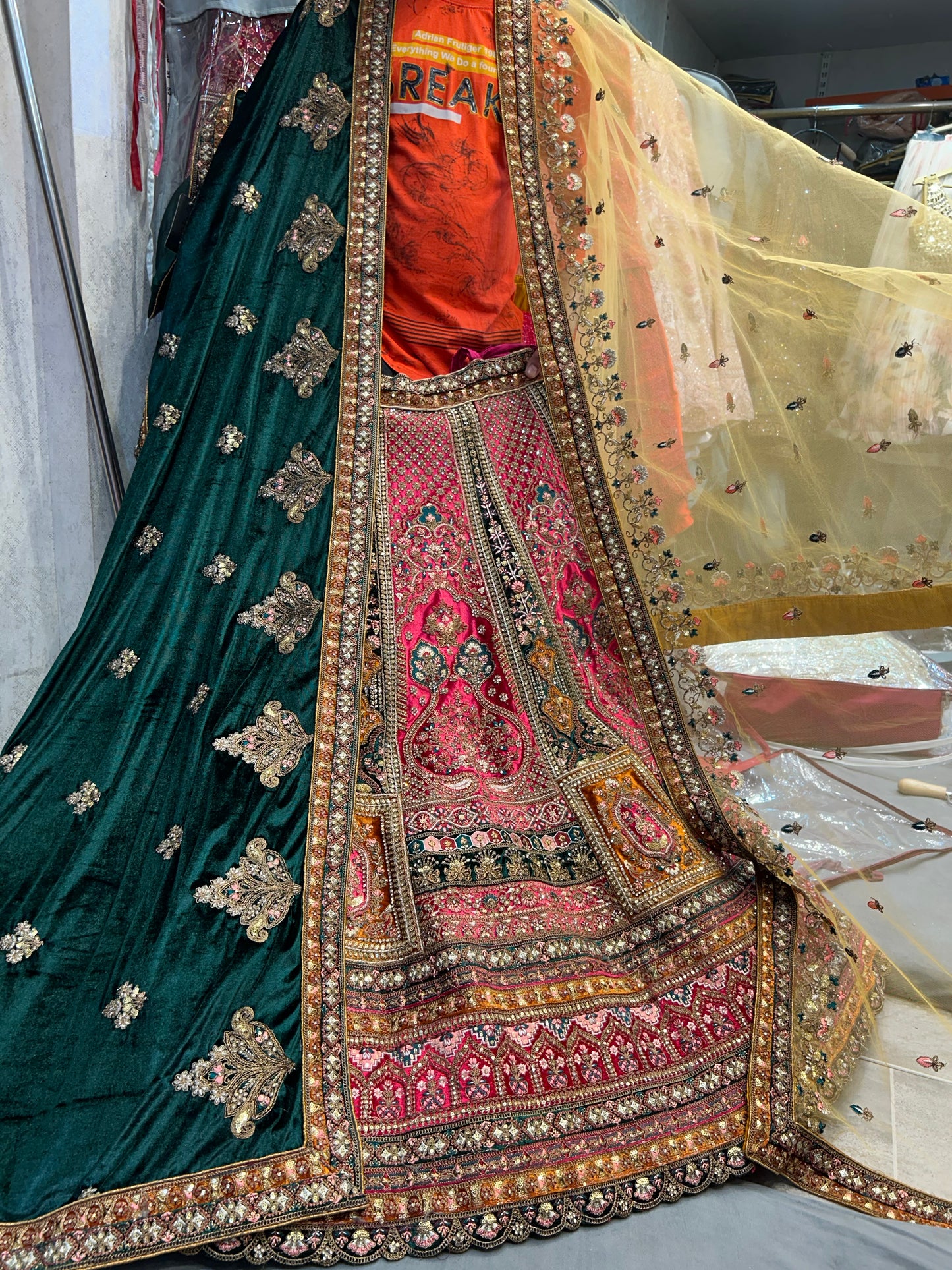 Astonishing pink golden double dupatta bridal Lehenga