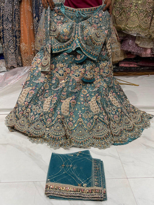 Sky Blue Peacock Crop Top Lehenga