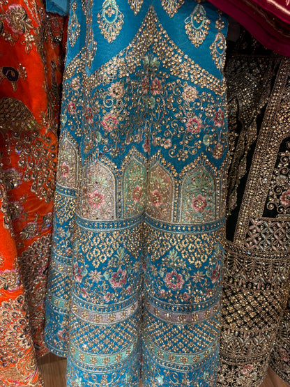 Trendy sky blue Jhumka ball bridal  Lehenga