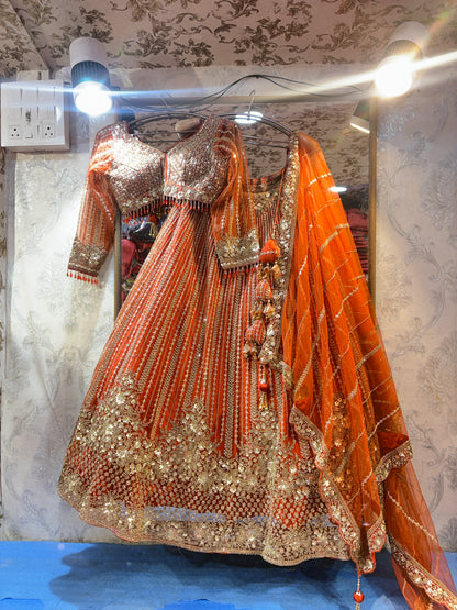 Tremendous orange rust handwork crop top Lehenga