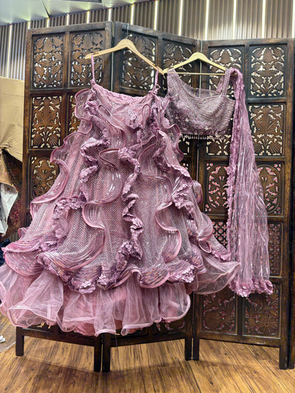 Embellished pink Frill crop top Lehenga