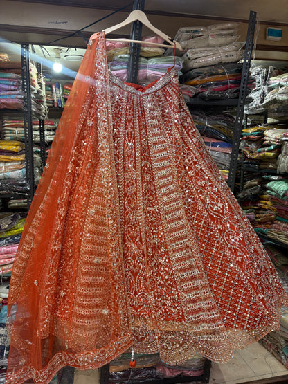 Astonishing Orange Ready to wear Mirror work Crop Top Lehenga