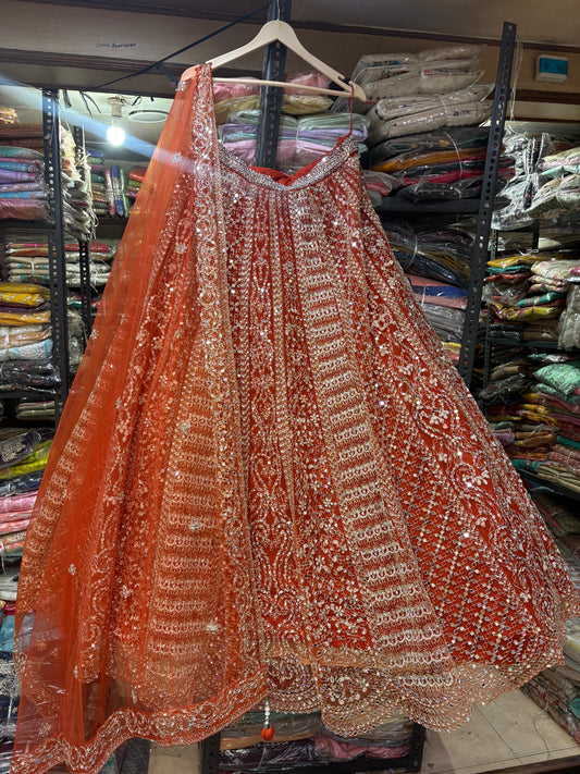 Astonishing Orange Ready to wear Mirror work Crop Top Lehenga
