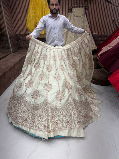 Off White zardozi dabka Designer Lehenga