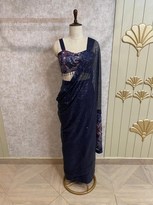 Navy blue Designer Ready To Wear Drape Saree