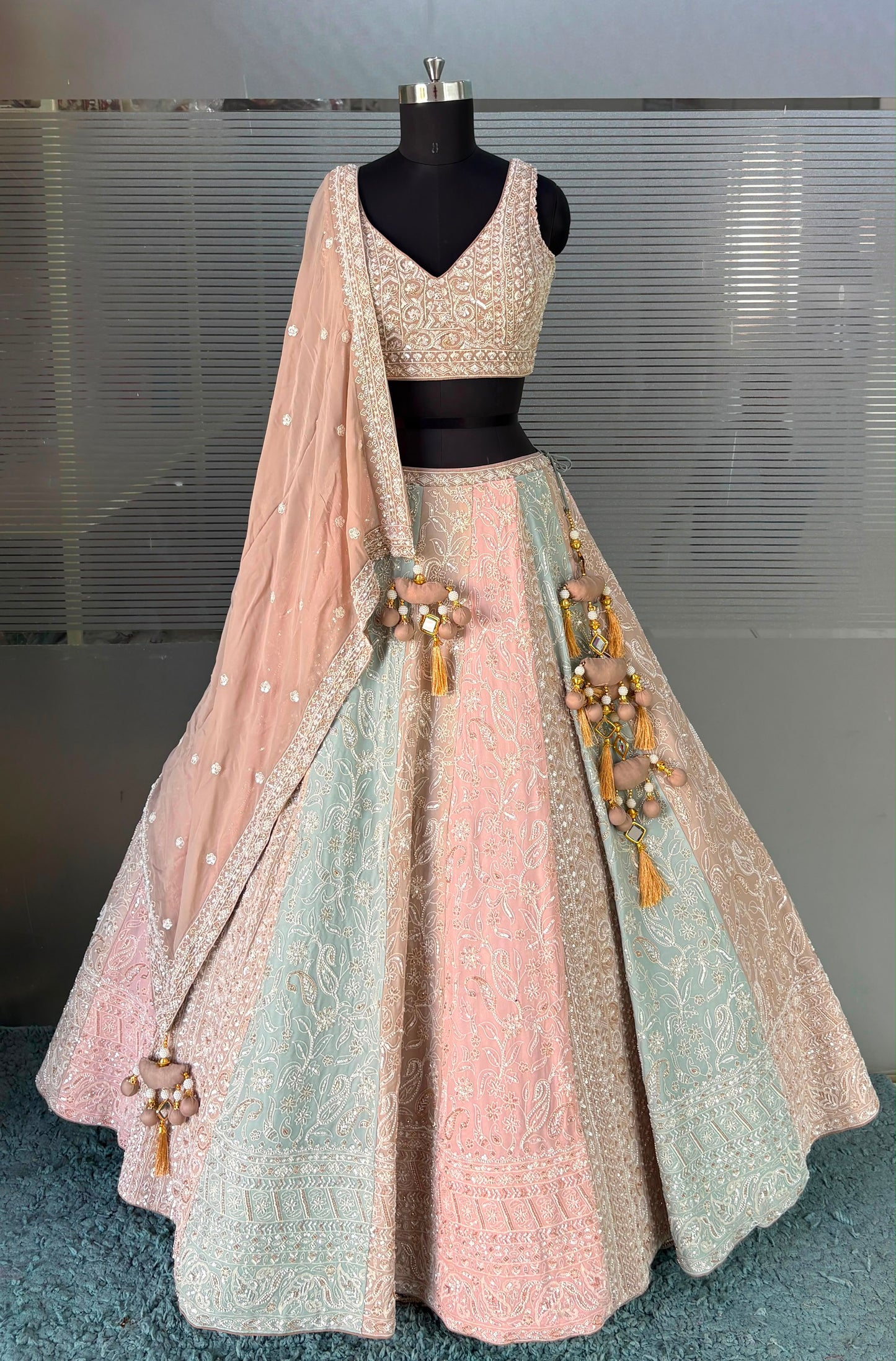 Green Baby Pink peach Crop Top Lehenga