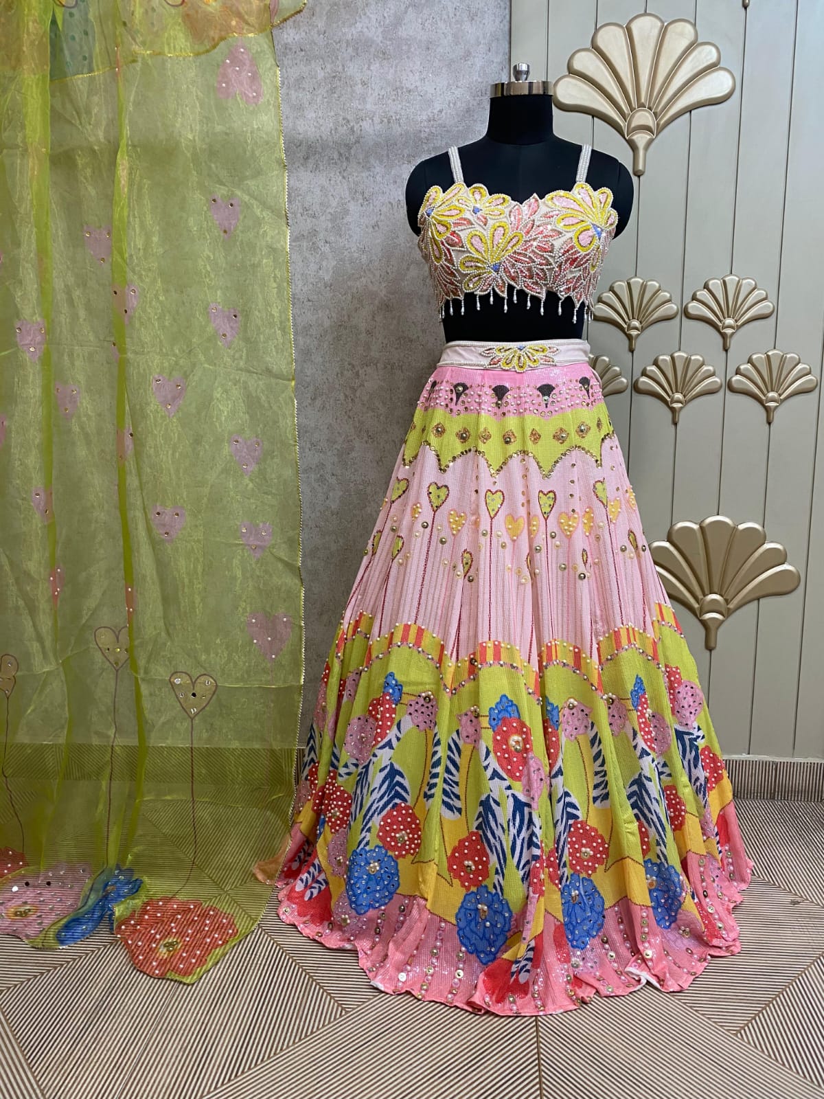Pink yellow PDP Crop Top Lehenga