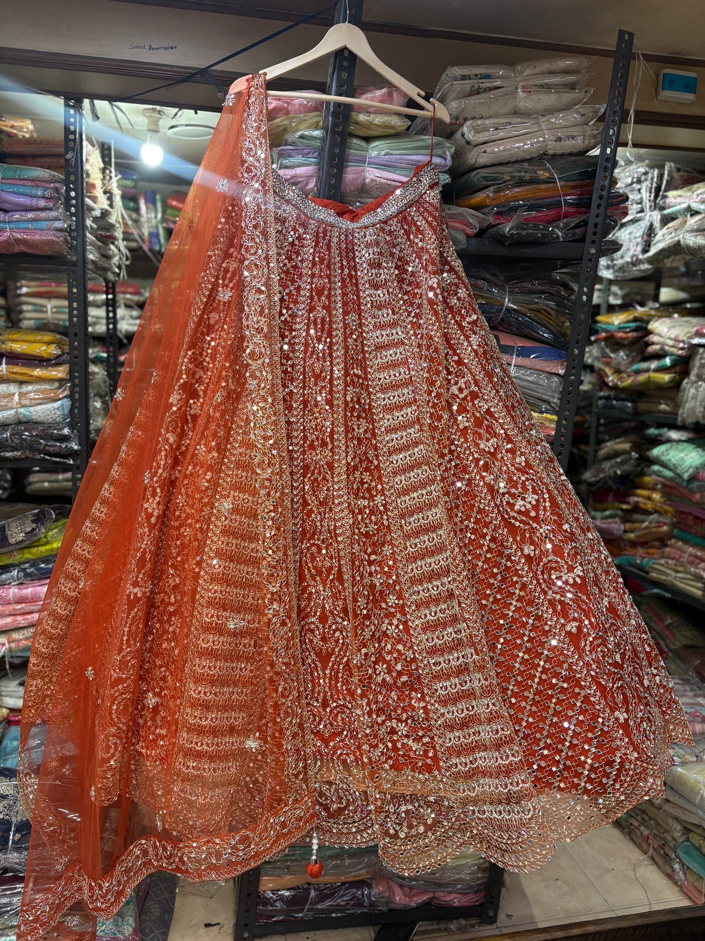 Astonishing Orange Ready to wear Mirror work Crop Top Lehenga