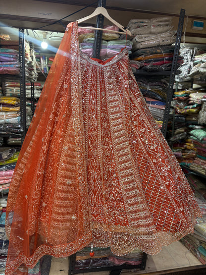 Astonishing Orange Ready to wear Mirror work Crop Top Lehenga