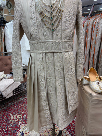 Beige golden White sherwani - Shopping World