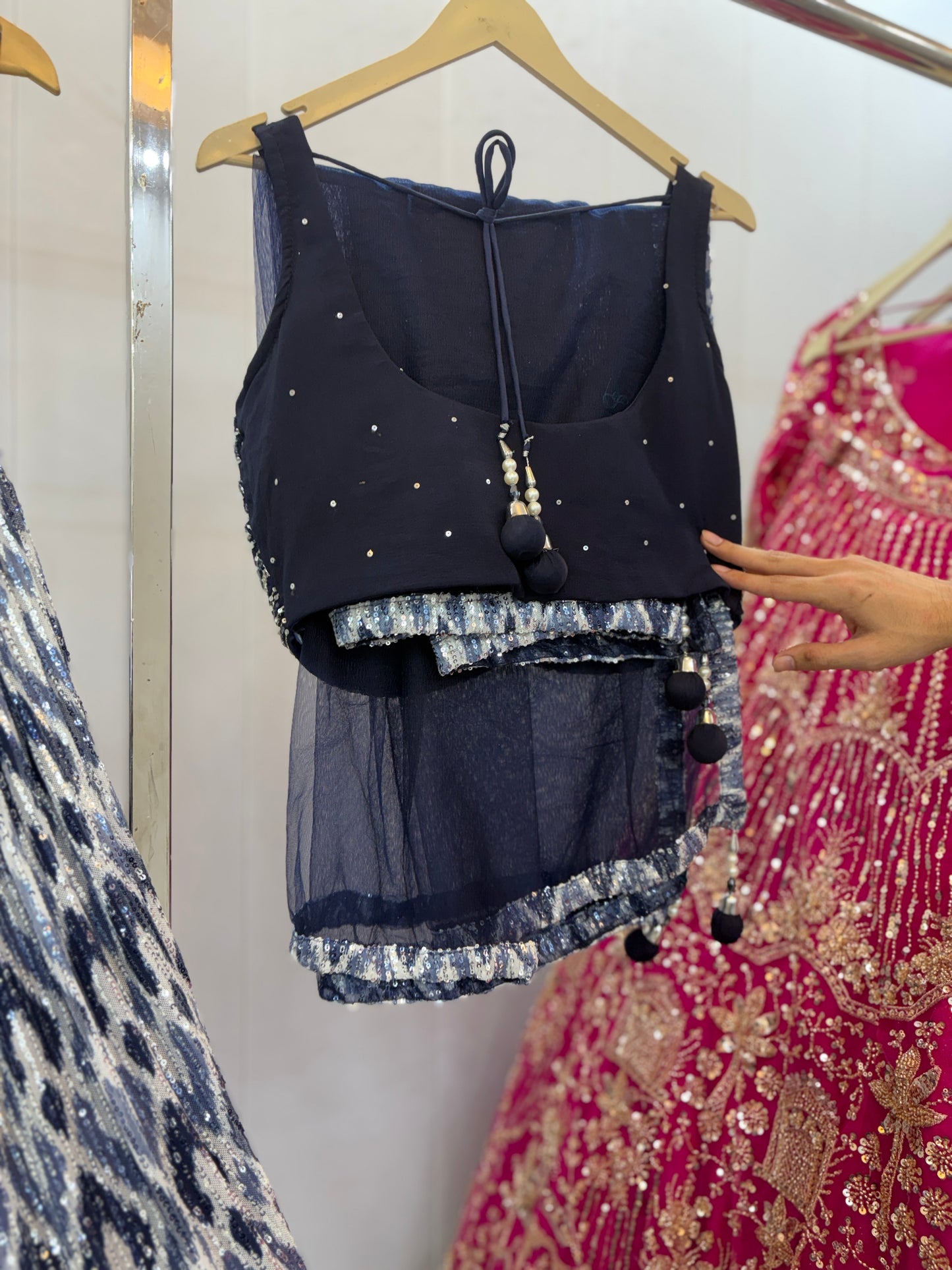 Astonishing Navy blue Crop top Lehenga