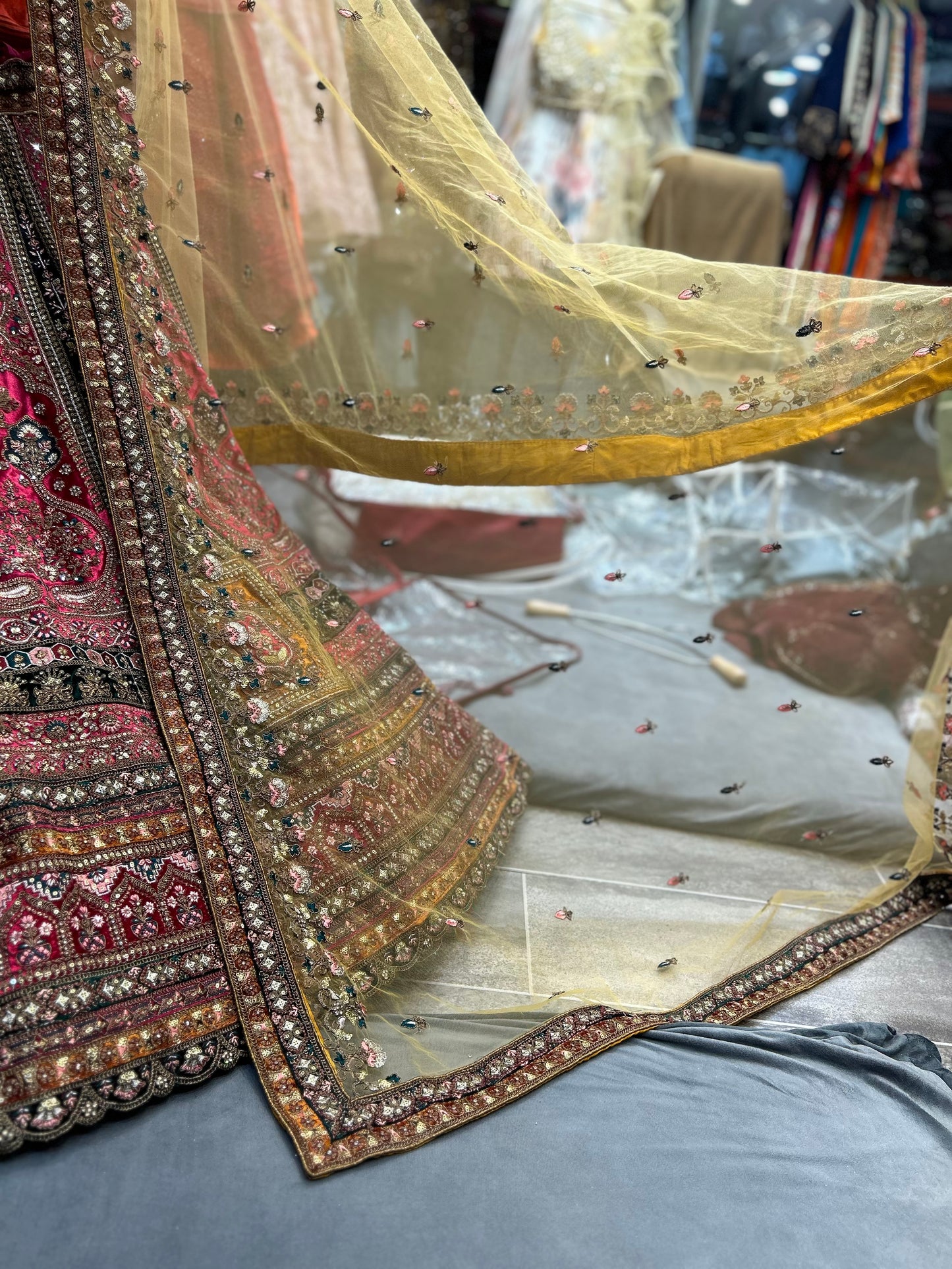 Astonishing pink golden double dupatta bridal Lehenga