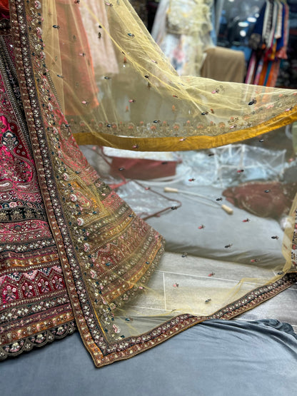 Astonishing pink golden double dupatta bridal Lehenga