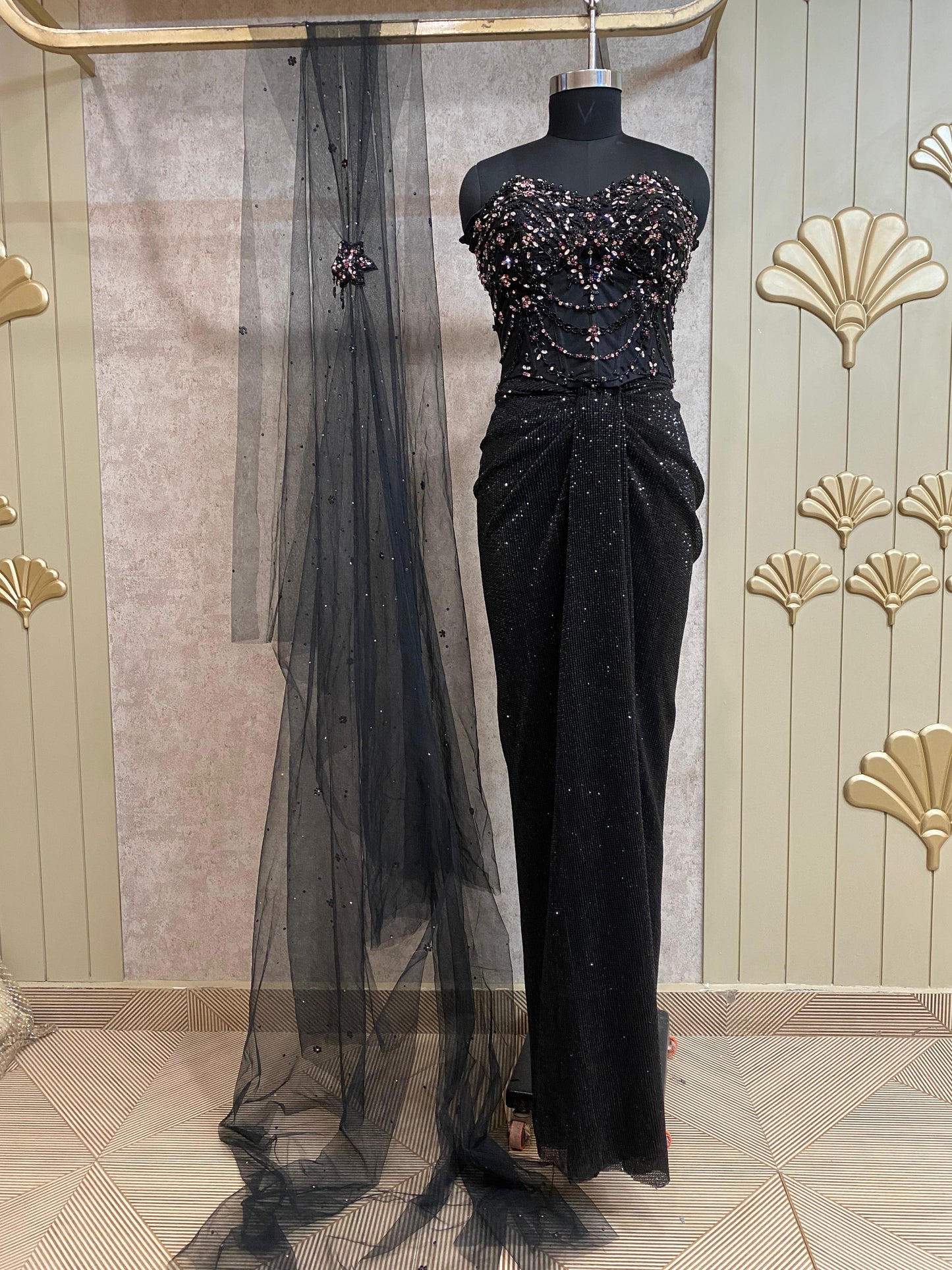 Black Designer Ready To Wear Drape Saree