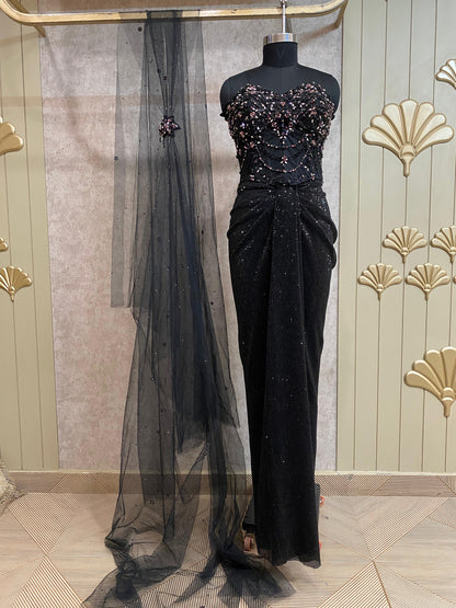 Black Designer Ready To Wear Drape Saree