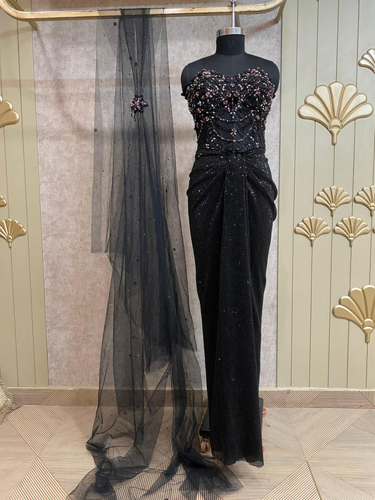 Black Designer Ready To Wear Drape Saree