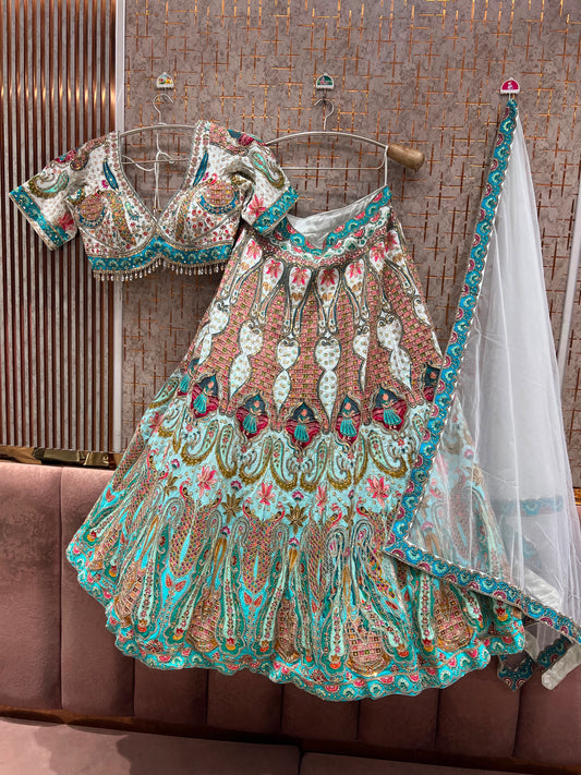 Sea Blue Peacock Crop Top Lehenga