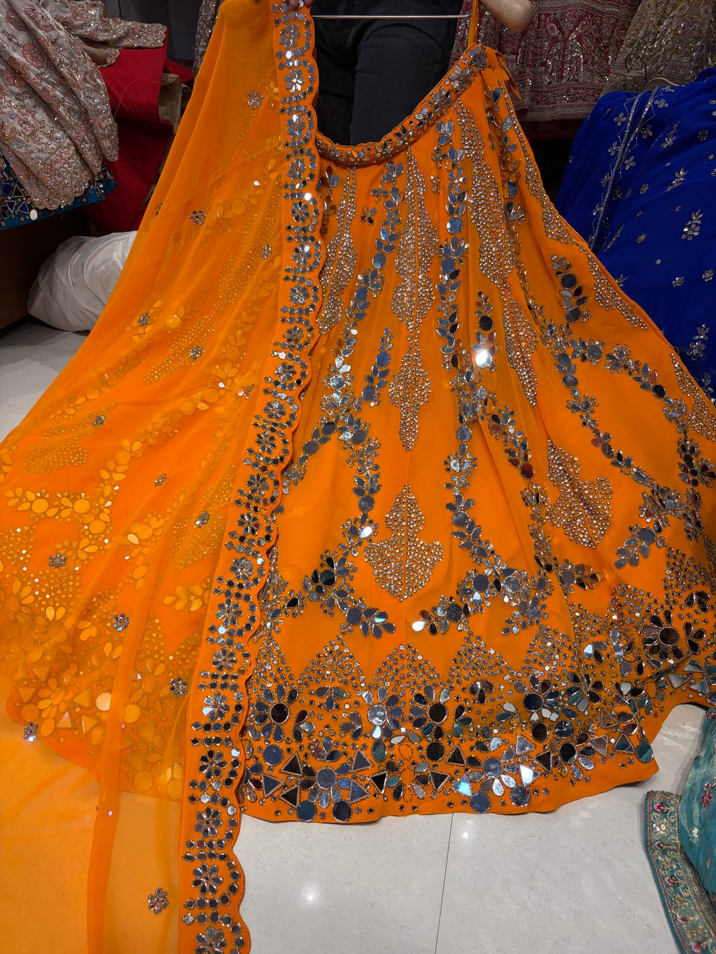 Sparkling Rust Orange Mirror Work Lehenga