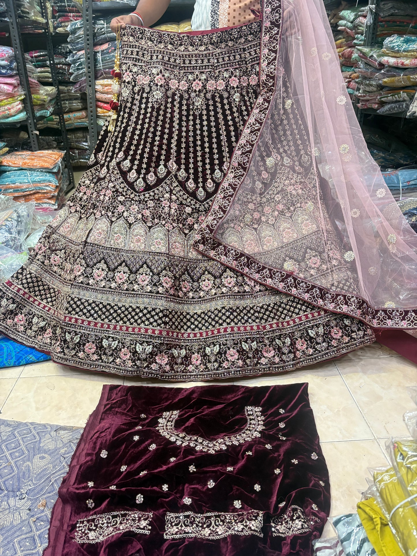 Charming maroon jhumka bridal  Lehenga