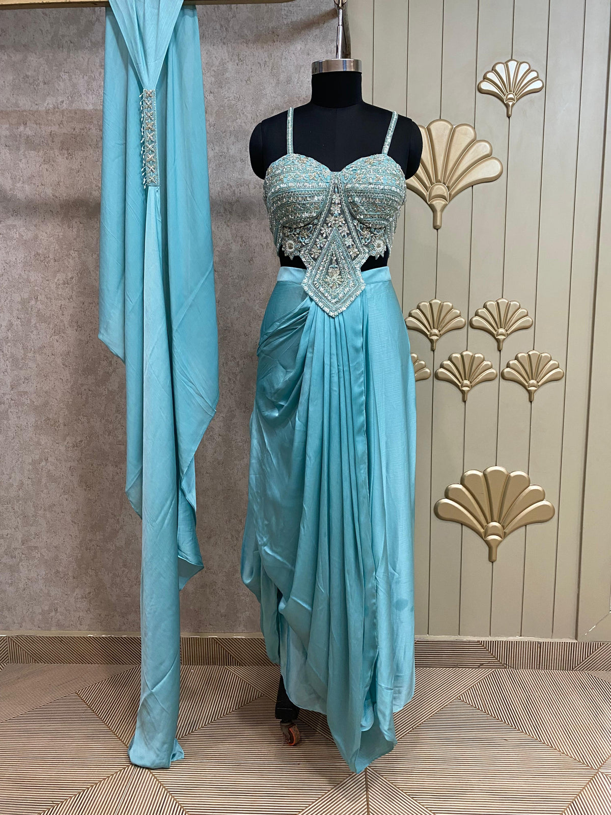 Blue Designer Ready To Wear Drape Saree