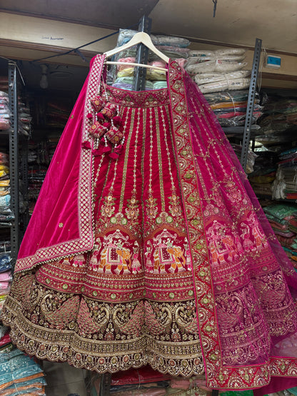 Pleasing Red Rani Pink Doli Barat Ball Bridal Lehenga
