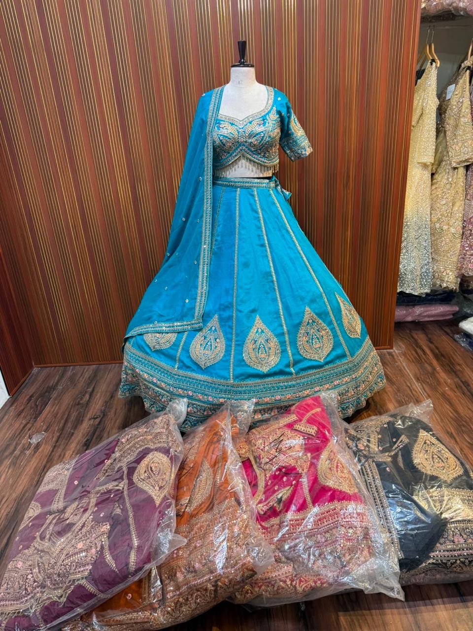 Green orange blue purple pink crop top Lehenga