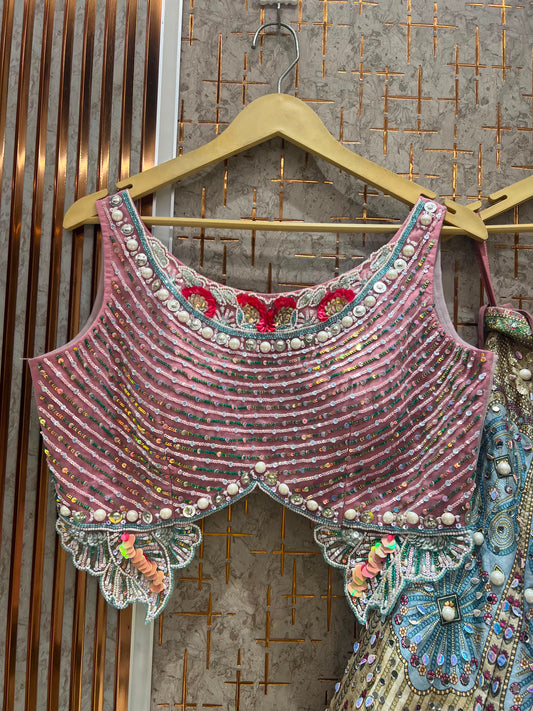 Pink Blue Off White Multicolour Pdp Crop Top Lehenga