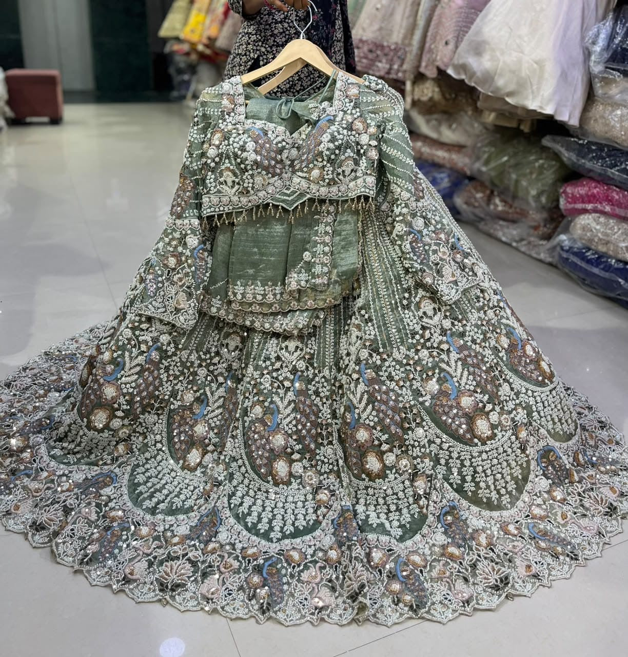 Green peacock Crop Top Lehenga