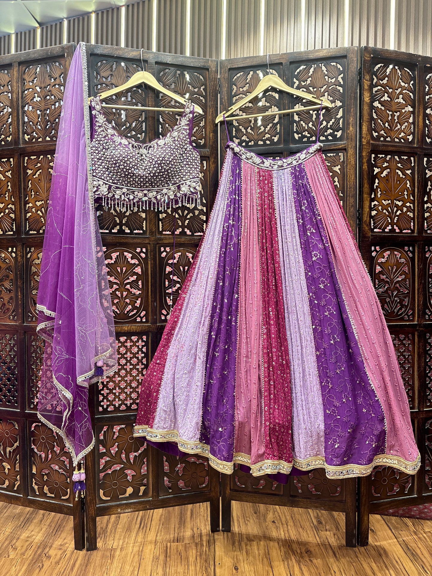 Designer multi color pink lavender purple crop top Lehenga