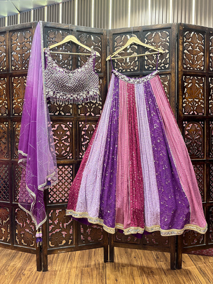 Designer multi color pink lavender purple crop top Lehenga
