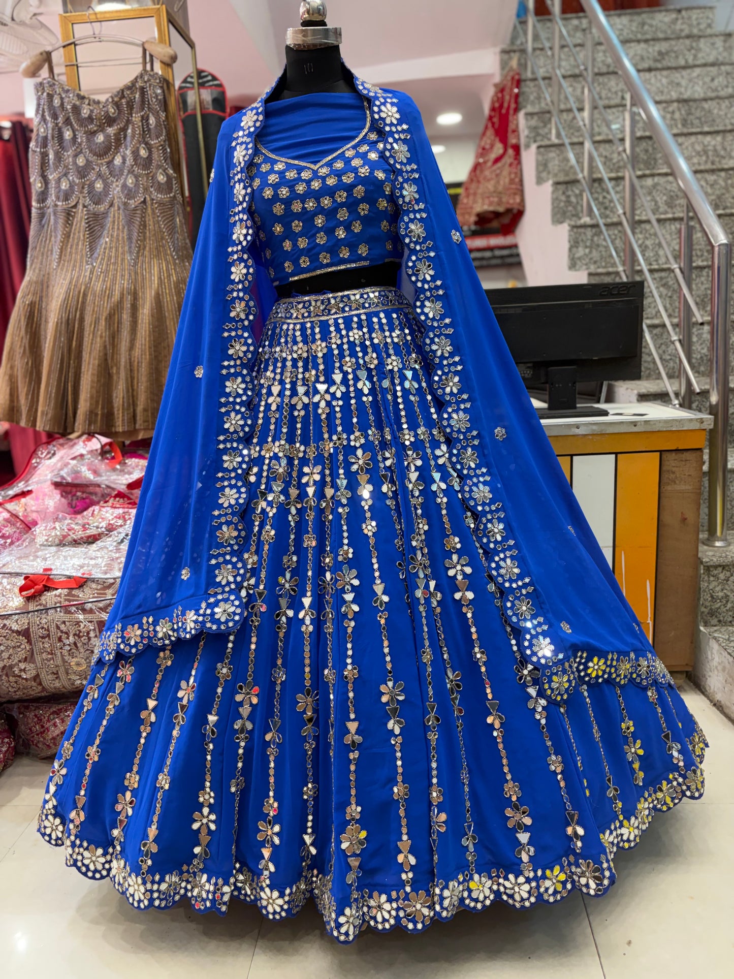 Royal Blue Mirror Work Designer Lehenga