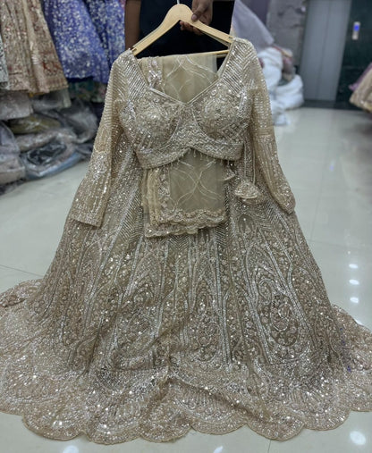 Beige Golden Crop Top Lehenga