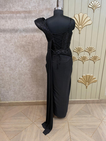Black Designer Ready To Wear Drape Saree