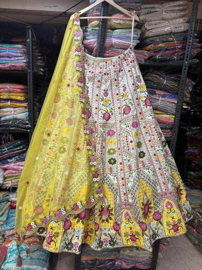Lovely yellow White Crop Top Lehenga