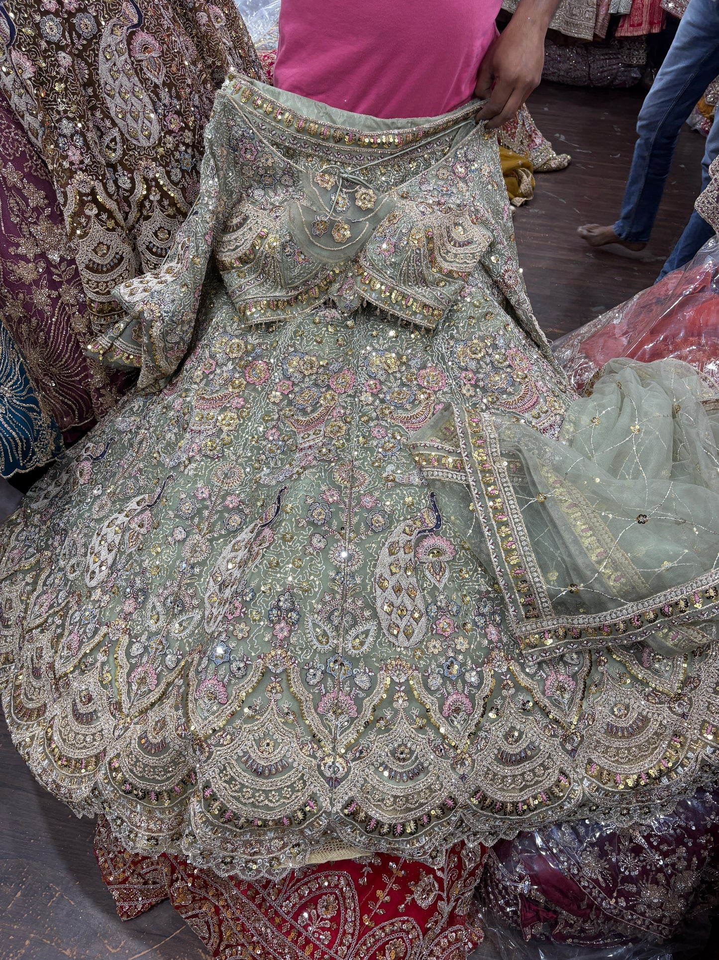 Engaging green peacock crop top Lehenga 16 kali