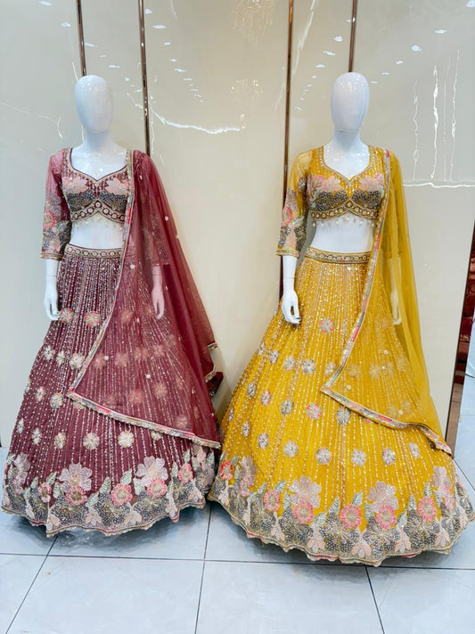 Maroon yellow crop top Lehenga