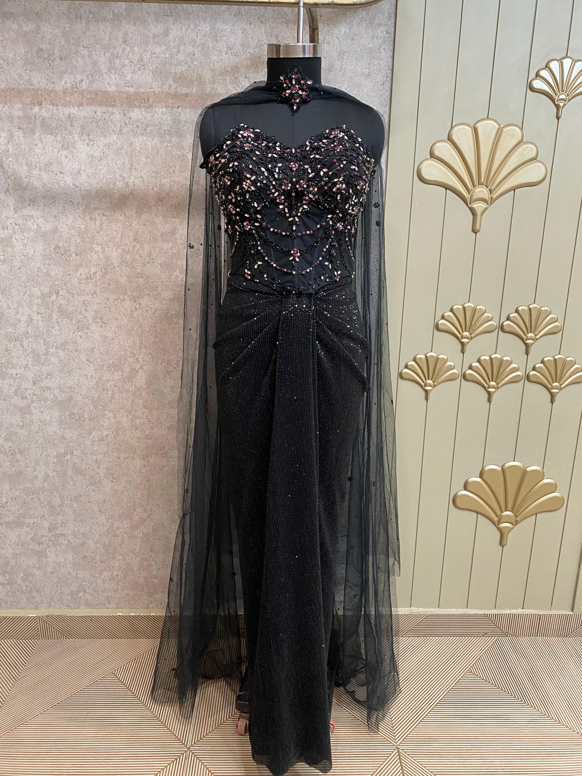 Black Designer Ready To Wear Drape Saree