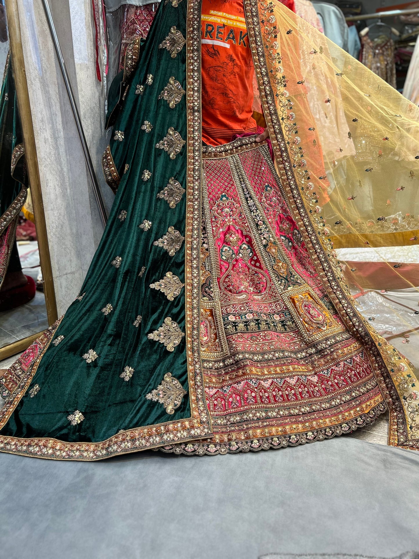 Astonishing pink golden double dupatta bridal Lehenga