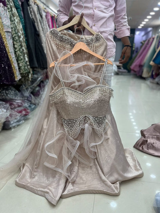 Beige Golden Fish Cut Crop Top Lehenga