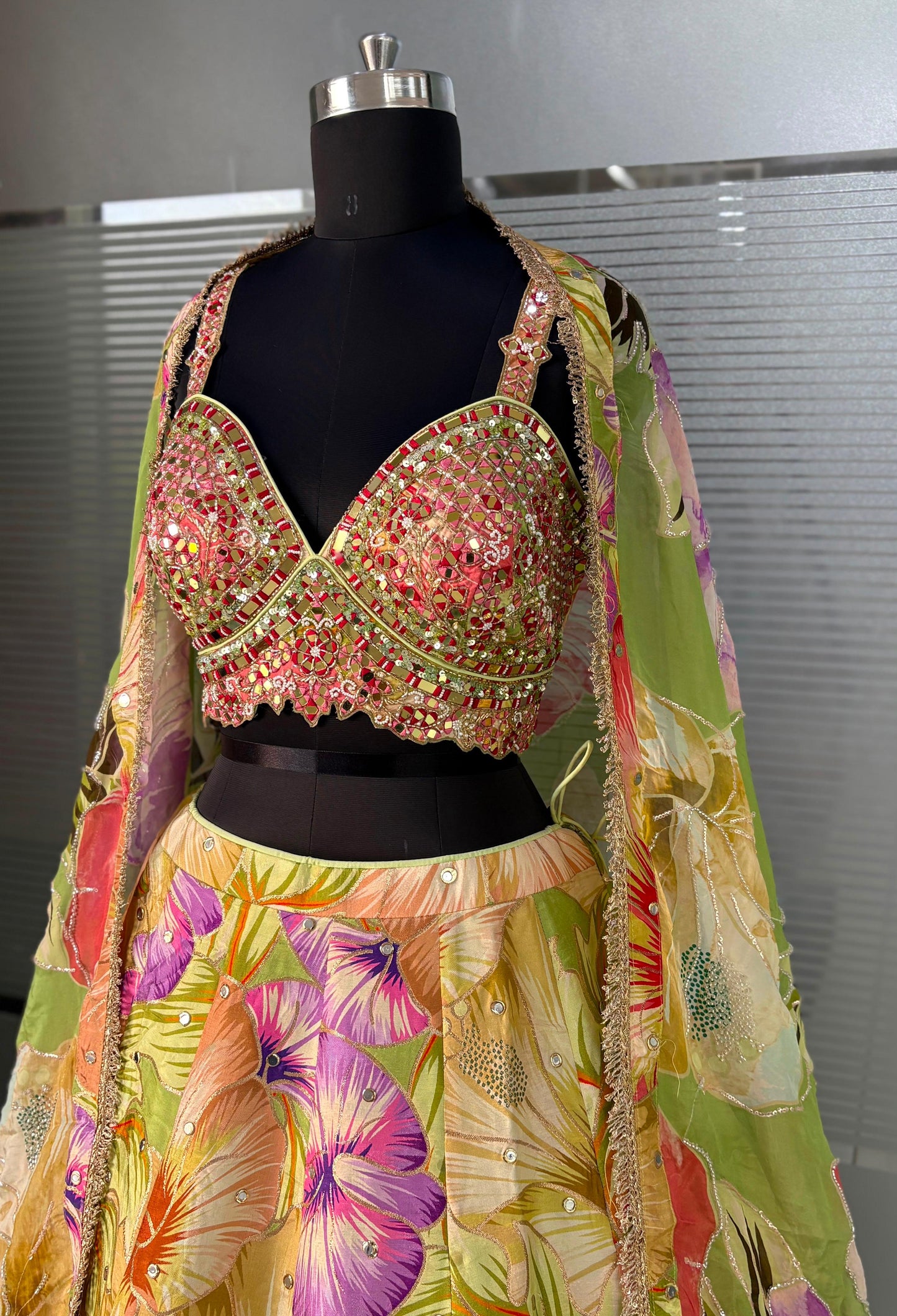 Yellow Green Multicolour Crop Top Lehenga