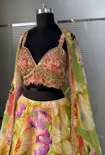 Yellow Green Multicolour Crop Top Lehenga